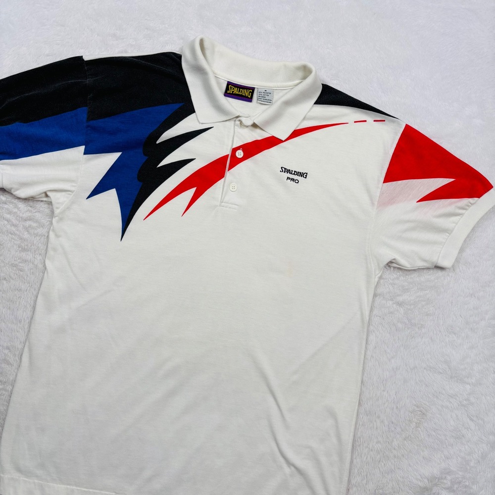 VTG 90s Spalding Polo Shirt Men M White Red Blue Geometric Colorblock Logo RARE - Picture 13 of 14